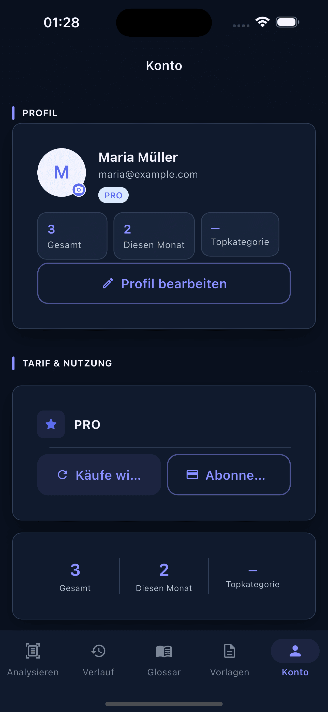 Tarife, Erinnerungen und Einstellungen