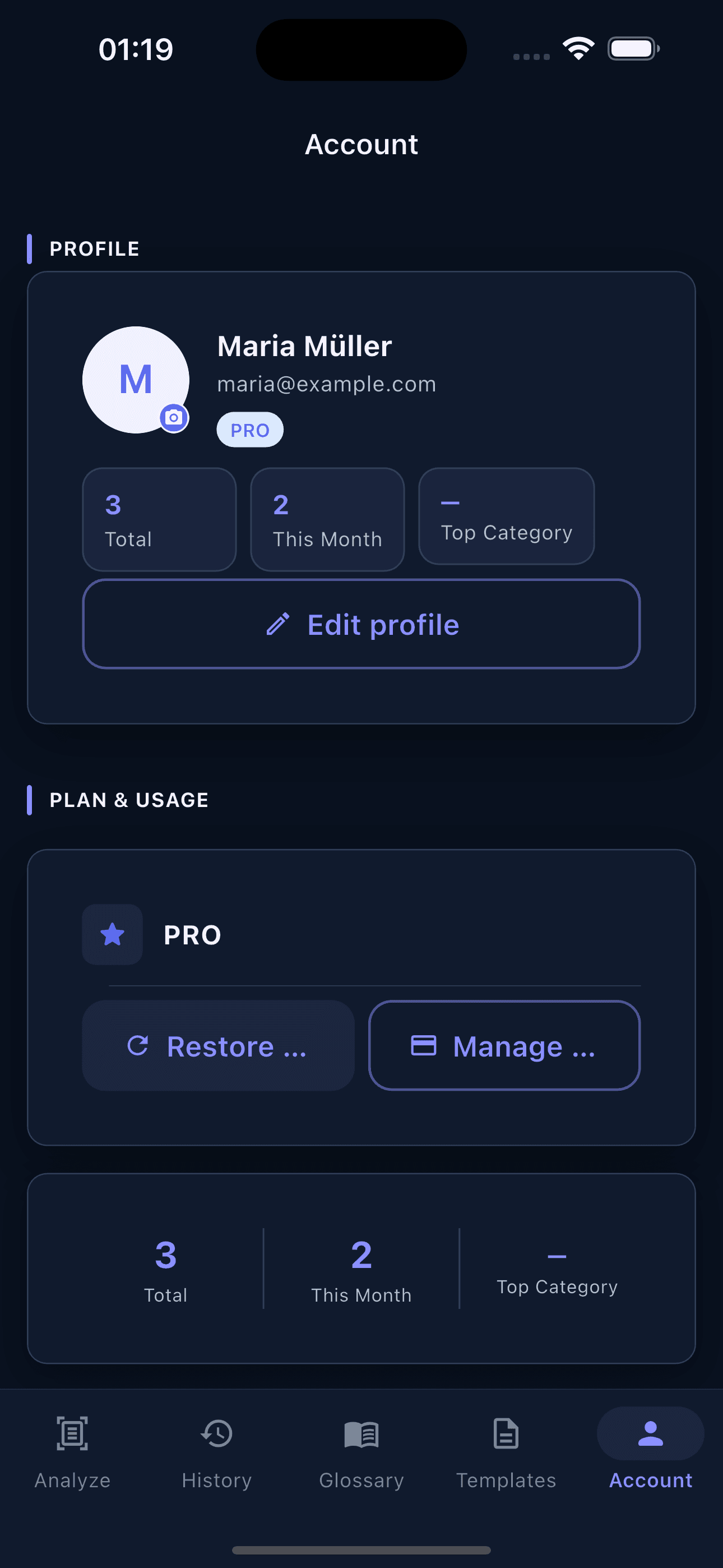 Plans, reminders and settings